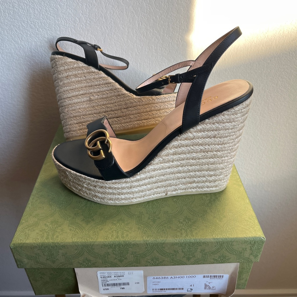 NEW Black Gucci Platform Espadrille Heel Sandal - EU 41 (Fits US 10)